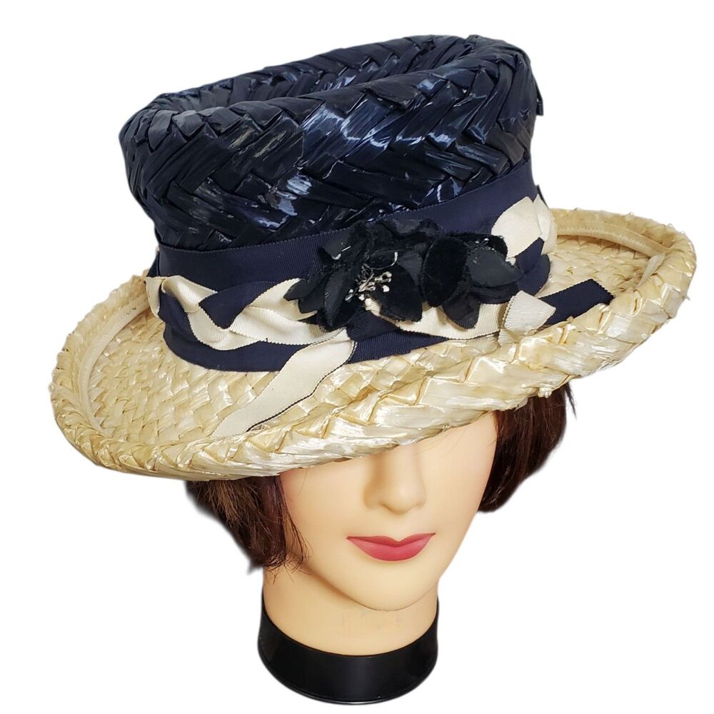 Vintage Mr. Charles Woven Straw Hat With Floral Accents Beige Blue Womens